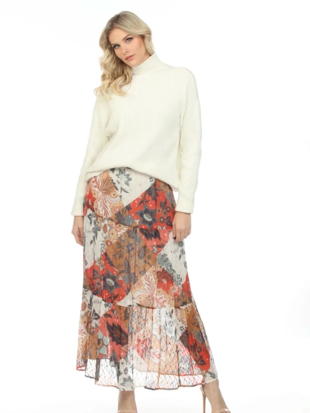 Johnny Was Jade Floral Chiffon Maxi Skirt Gold Accents XL NWOT